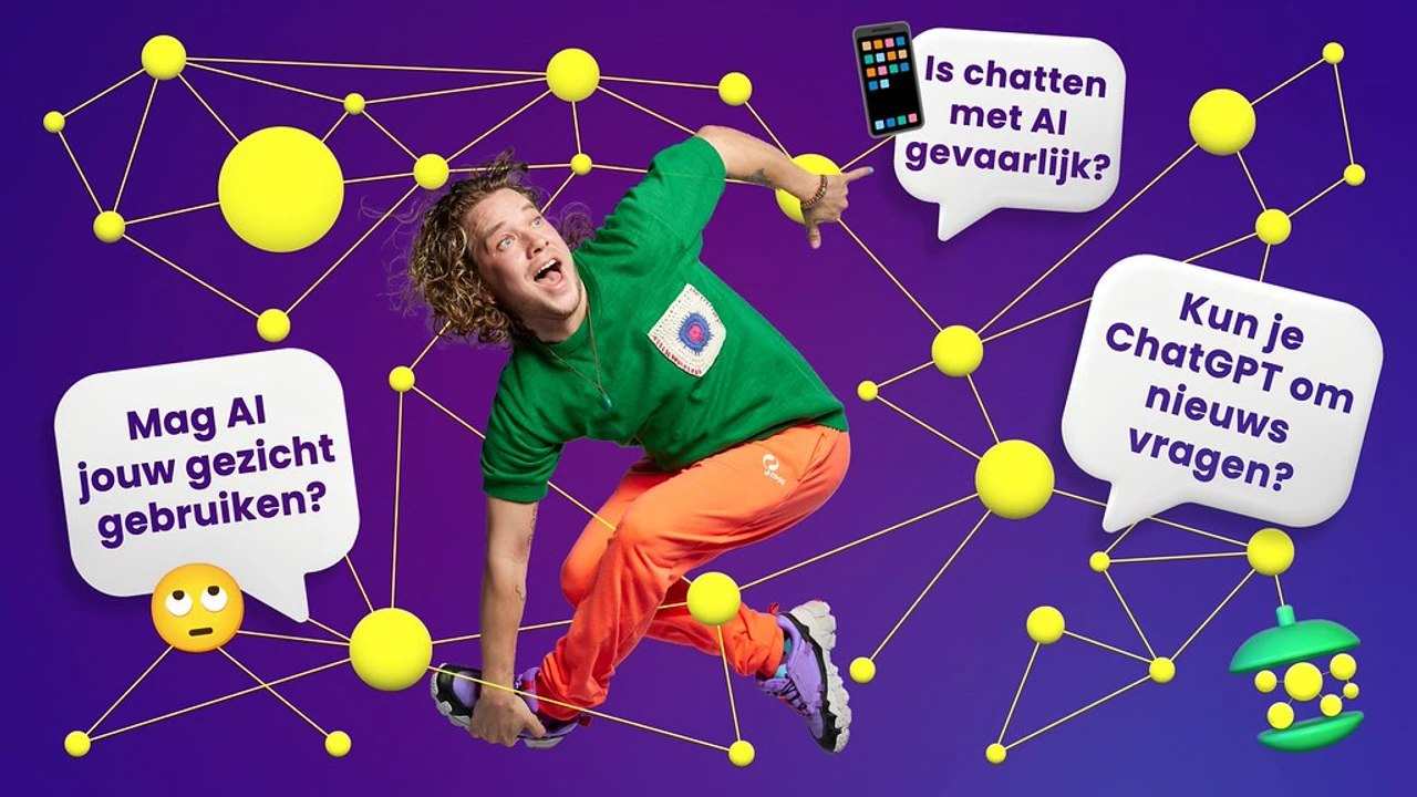 Pascal springt in een web met vragen: "Mag AI jouw gezicht gebruiken? Is chatten met AI gevaarlijk? Kun je ChatGPT om nieuws vragen?