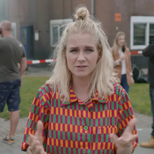 Blonde vrouw / Janouk, geeft verslag voor camera bij afgezet gebouw, met omstanders en camerateam op achtergrond