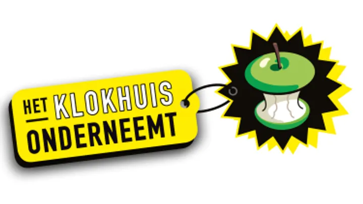 Geel label met tekst “Het Klokhuis onderneemt” en een klokhuis-icoon op zwarte achtergrond met stereffect.