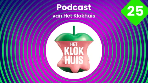 Podcastcover van Het Klokhuis met een uitgegeten appelklokhuis op een paars-groene achtergrond met ringen. Rechtsboven staat aflevering 25.