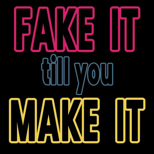 Neontekst ‘Fake it till you make it’ in roze, blauw en geel op zwarte achtergrond.